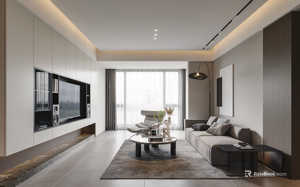Modern Living Dining Room With TV Wall Sofa Coffee Table And Floor To Ceiling Windows 3d model 