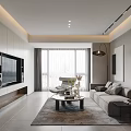 Modern Living Dining Room With TV Wall Sofa Coffee Table And Floor To Ceiling Windows
