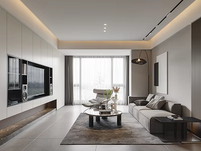 Modern Living Dining Room With TV Wall Sofa Coffee Table And Floor To Ceiling Windows 3d model