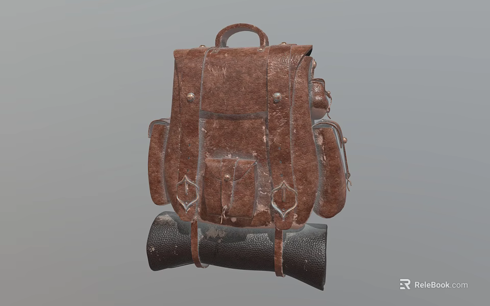 Vintage Brown Leather Backpack With Multiple Pockets Adjustable Straps And Rolled Bottom Storage 3d model 