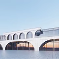 Modern White Sales Office Building With Arched Windows Glass Curtain Wall And Spacious Plaza