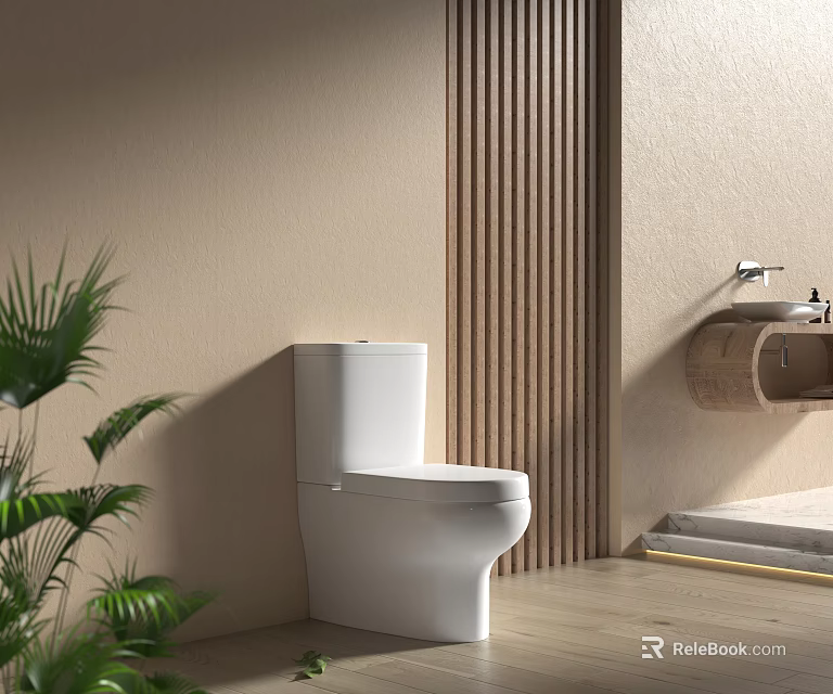 Modern Bathroom Interior Design With White Toilet Wooden Accent Wall Washbasin And Green Plant 3d model 