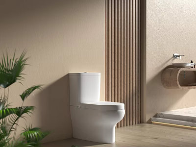 Modern Bathroom Interior Design With White Toilet Wooden Accent Wall Washbasin And Green Plant 3d model