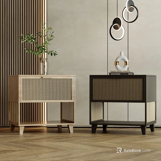 Modern Light And Dark Wooden Nightstands With Rattan Design And Decorative Items 3d model 