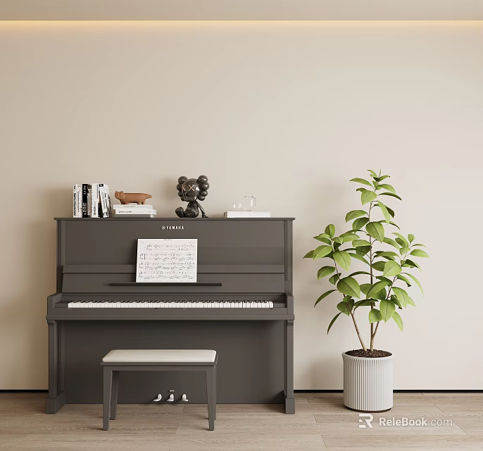 Musical Instruments Art Supplies in Cozy Room with Piano Sheet Music Books and Green Plant 3d model 