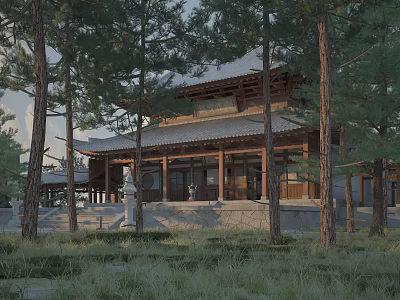 Traditional Ancient Architecture With Wooden Structure Curved Roof And Pine Trees 3d model