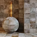 Textured Stone Sphere Component As Decorative Element On Patterned Wall