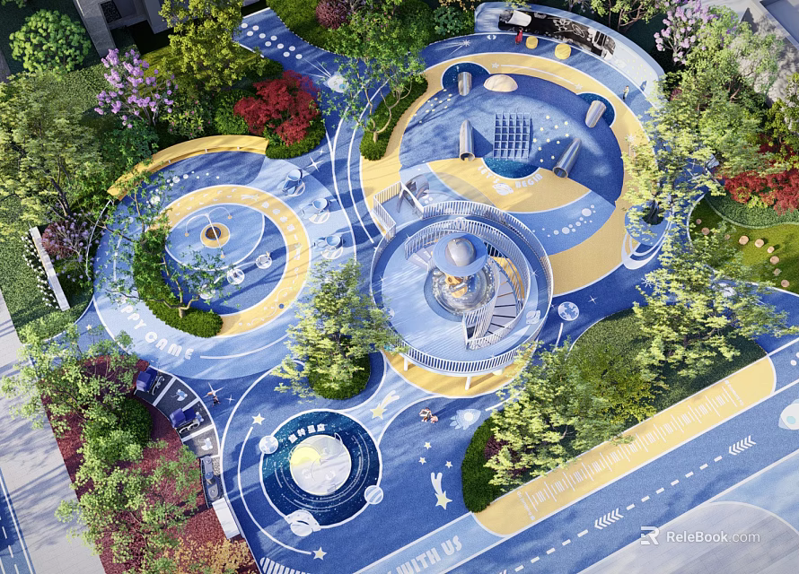 Colorful Kids Playground Design With Blue Yellow Flooring Circular Play Zones And Trees 3d model 