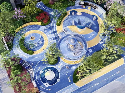 Colorful Kids Playground Design With Blue Yellow Flooring Circular Play Zones And Trees 3d model