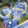 Colorful Kids Playground Design With Blue Yellow Flooring Circular Play Zones And Trees