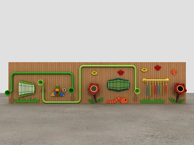 Wooden Wall Play Equipment With Green Tracks Colorful Decorations Interactive Elements Flowers And Insects 3d model