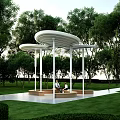 Modern Butterfly Shaped Pergola With White Canopy Curved Brown Seats And Green Park Setting