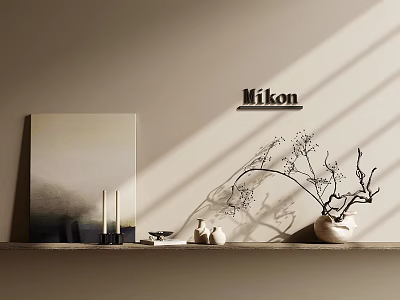 Nikon Logo On Wall With Sunlight Shadows And Decorative Artwork Candles Vase 3d model