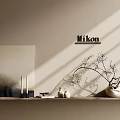 Nikon Logo On Wall With Sunlight Shadows And Decorative Artwork Candles Vase