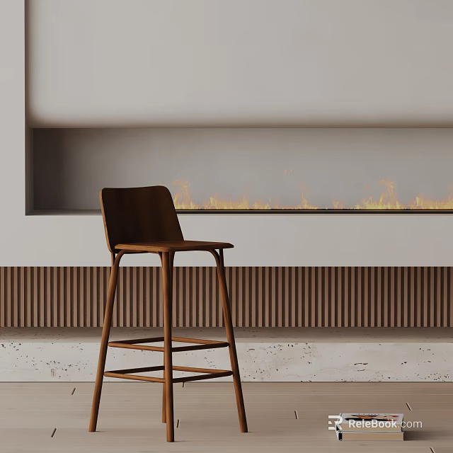 Wooden Bar Stool In Modern Living Room Interior With Fireplace Flame And Ribbed Wall 3d model 