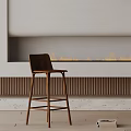 Wooden Bar Stool In Modern Living Room Interior With Fireplace Flame And Ribbed Wall