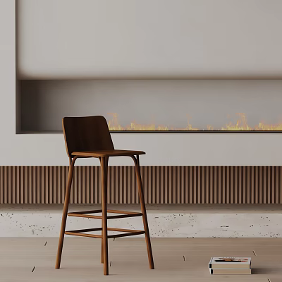 Wooden Bar Stool In Modern Living Room Interior With Fireplace Flame And Ribbed Wall 3d model