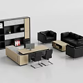 Modern Office Desk With Black Chairs Bookshelf Leather Sofa And Coffee Table