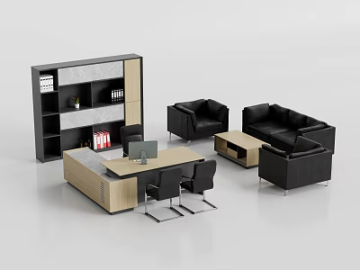 Modern Office Desk With Black Chairs Bookshelf Leather Sofa And Coffee Table 3d model