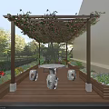 Garden Landscape Design With Wooden Pergola Climbing Vines Stone Table And Flower Beds