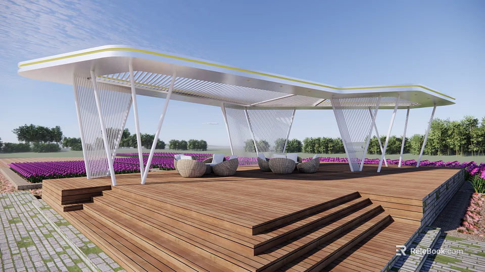 Modern Pergola With White Curved Roof Wooden Deck And Circular Seats In Purple Flower Field 3d model 