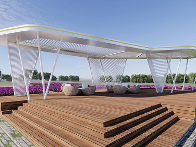 Modern Pergola With White Curved Roof Wooden Deck And Circular Seats In Purple Flower Field 3d model