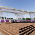 Modern Pergola With White Curved Roof Wooden Deck And Circular Seats In Purple Flower Field