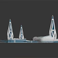 Cartoon Futuristic City Scene with Blue White Towers Green Geometric Platforms and Modern 3D Design