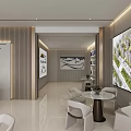 Modern Sales Office Interior With Reception Desk White Seating Display Screens And Green Plants