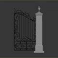 Elegant Ornate Iron Entrance Gate With Decorative Design And White Pillars