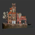 Scenic Miniature Landscape With Red Orange Buildings Tower Balcony Vines Water And Boat
