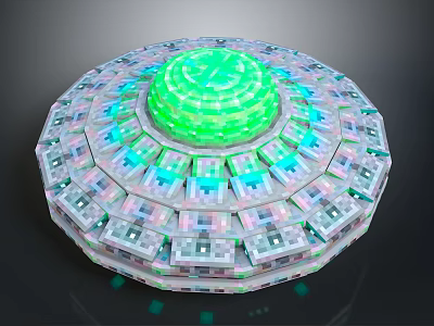 Futuristic Circular Structure With Green Glowing Top And Layered Illuminated Panels 3d model
