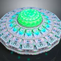 Futuristic Circular Structure With Green Glowing Top And Layered Illuminated Panels