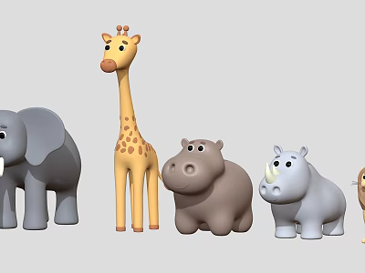 Cute Cartoon Animal Toy Figures Including Giraffe Elephant Hippo Rhino And Lion 3d model