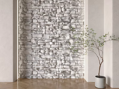 Decorative Stone Brick Wall in Modern Interior with Potted Green Plant and Wooden Floor 3d model