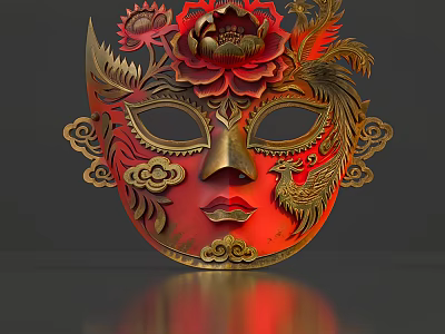 Red And Gold Traditional Mask With Floral Decorations Phoenix Pattern Intricate Carvings 3d model