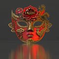 Red And Gold Traditional Mask With Floral Decorations Phoenix Pattern Intricate Carvings