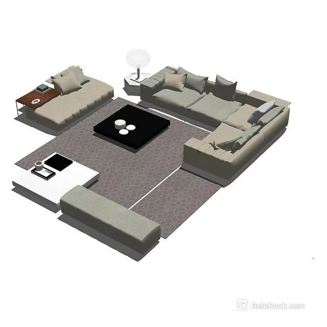 Modern Light Colored Sofa Set With Black Coffee Table And Floor Lamp On Patterned Rug 3d model