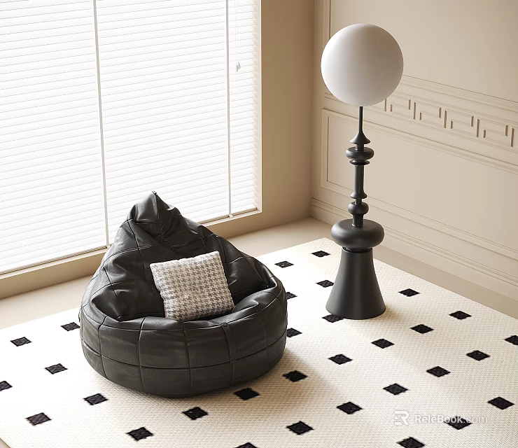 Stylish Cozy Bean Bag Chair With Plaid Cushion And Floor Lamp On Checkered Rug 3d model 