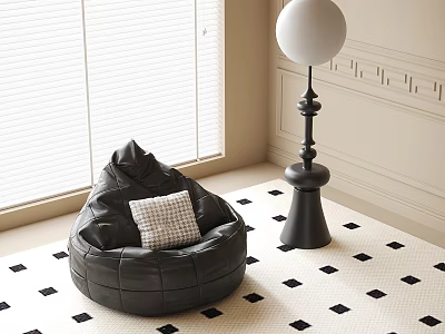 Stylish Cozy Bean Bag Chair With Plaid Cushion And Floor Lamp On Checkered Rug 3d model