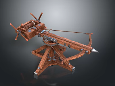 Ancient Wooden Ballista Weapon With Mechanical Stand And Metal Bowstring Components 3d model
