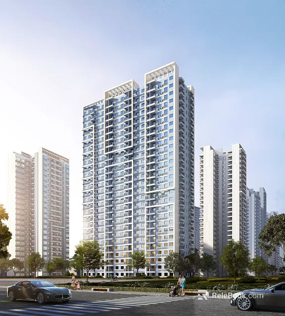 Modern High Rise Residential Buildings With Green Trees And Blue Sky Background 3d model 