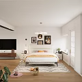 Cozy Bedroom Interior With Double Bed Decorative Paintings Round Mirror And Wooden Floor
