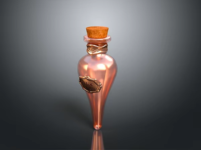 Woman Holding Copper Bottle With Cork Stopper And Decorative Metal Emblem 3d model