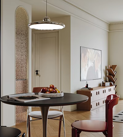 Elegant Modern Restaurant Interior With Round Table Fruits Chairs And Wall Artwork 3d model