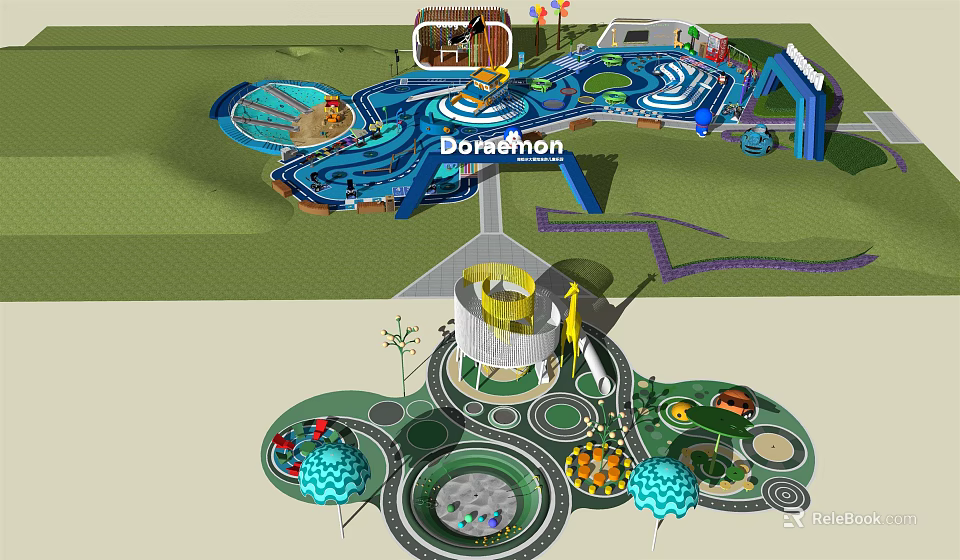 Colorful Doraemon Themed Children's Playground with Fun Slides and Rotating Structures 3d model 