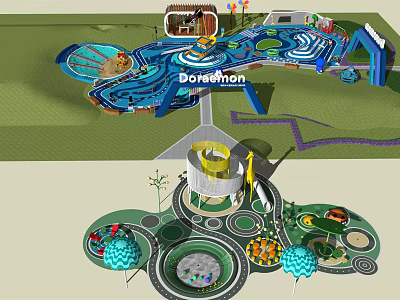 Colorful Doraemon Themed Children's Playground with Fun Slides and Rotating Structures 3d model