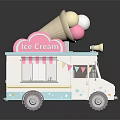 Delightful Pink And Blue Ice Cream Truck With Cone Colorful Scoops Striped Awning And Banners