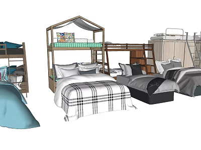 Kids Bed Styles Including House Shaped Loft Bed Bunk Bed With Colorful Bedding 3d model