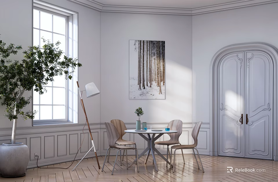 Dining Table Set With Light Brown Chairs White Walls Large Window and Wooden Floor 3d model 